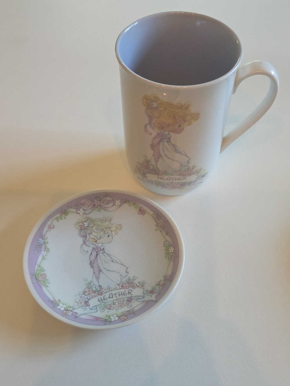 Precious Moments Heather Illustrated Porcelain Mug and Saucer - Purple Accent